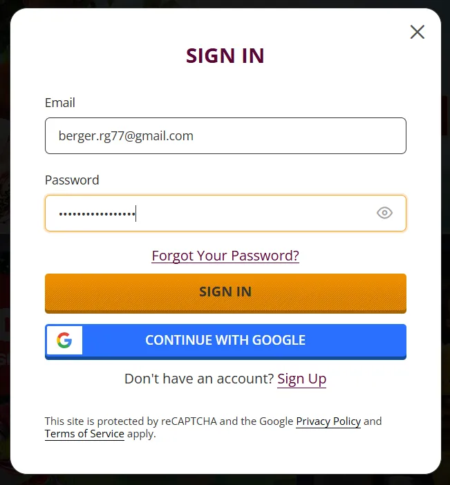 Playamo login form - secure account access